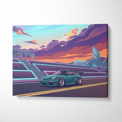 Porsche 911 GT3 RS Inspired Teal Pink Canvas Wall Art Vaporwave Sports Car Artwork Neon City Garage Decor Retro Futuristic Poster
