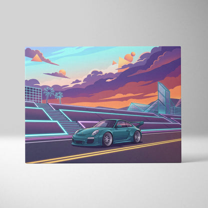 Porsche 911 GT3 RS Inspired Teal Pink Canvas Wall Art Vaporwave Sports Car Artwork Neon City Garage Decor Retro Futuristic Poster