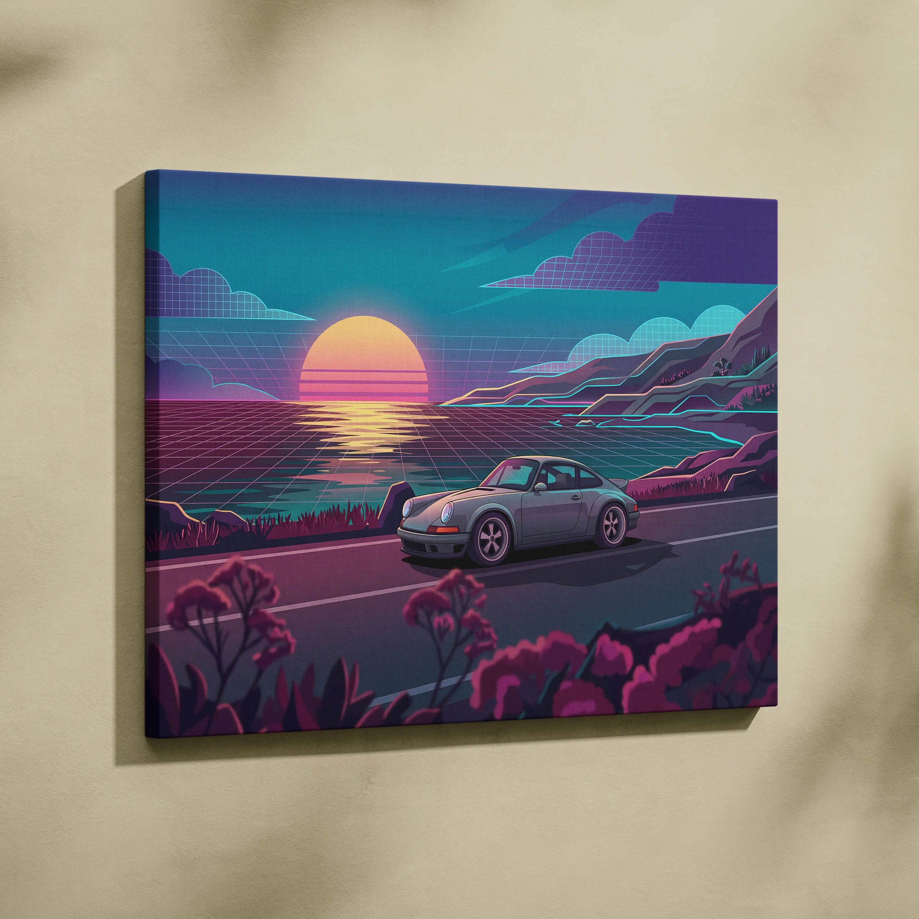 Porsche 911 Classic Inspired Silver Teal Coastal Canvas Wall Art Vaporwave Classic Car Artwork, Sunset Ocean Road Garage Decor Retro Futuristic Print