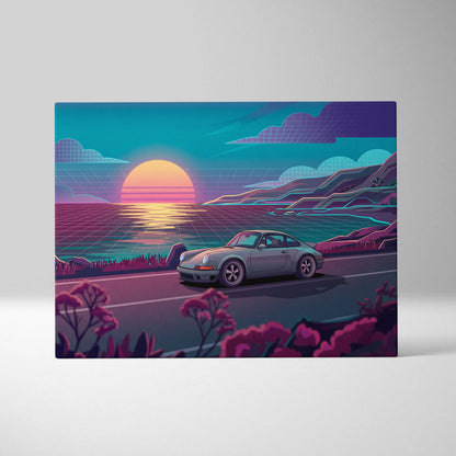 Porsche 911 Classic Inspired Silver Teal Coastal Canvas Wall Art Vaporwave Classic Car Artwork, Sunset Ocean Road Garage Decor Retro Futuristic Print