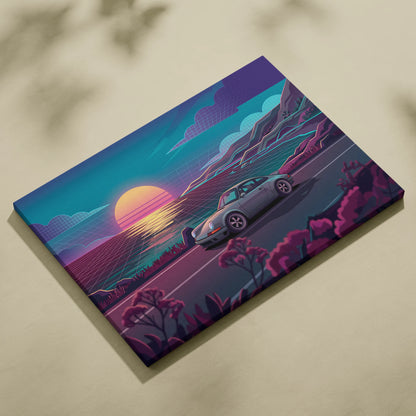 Porsche 911 Classic Inspired Silver Teal Coastal Canvas Wall Art Vaporwave Classic Car Artwork, Sunset Ocean Road Garage Decor Retro Futuristic Print