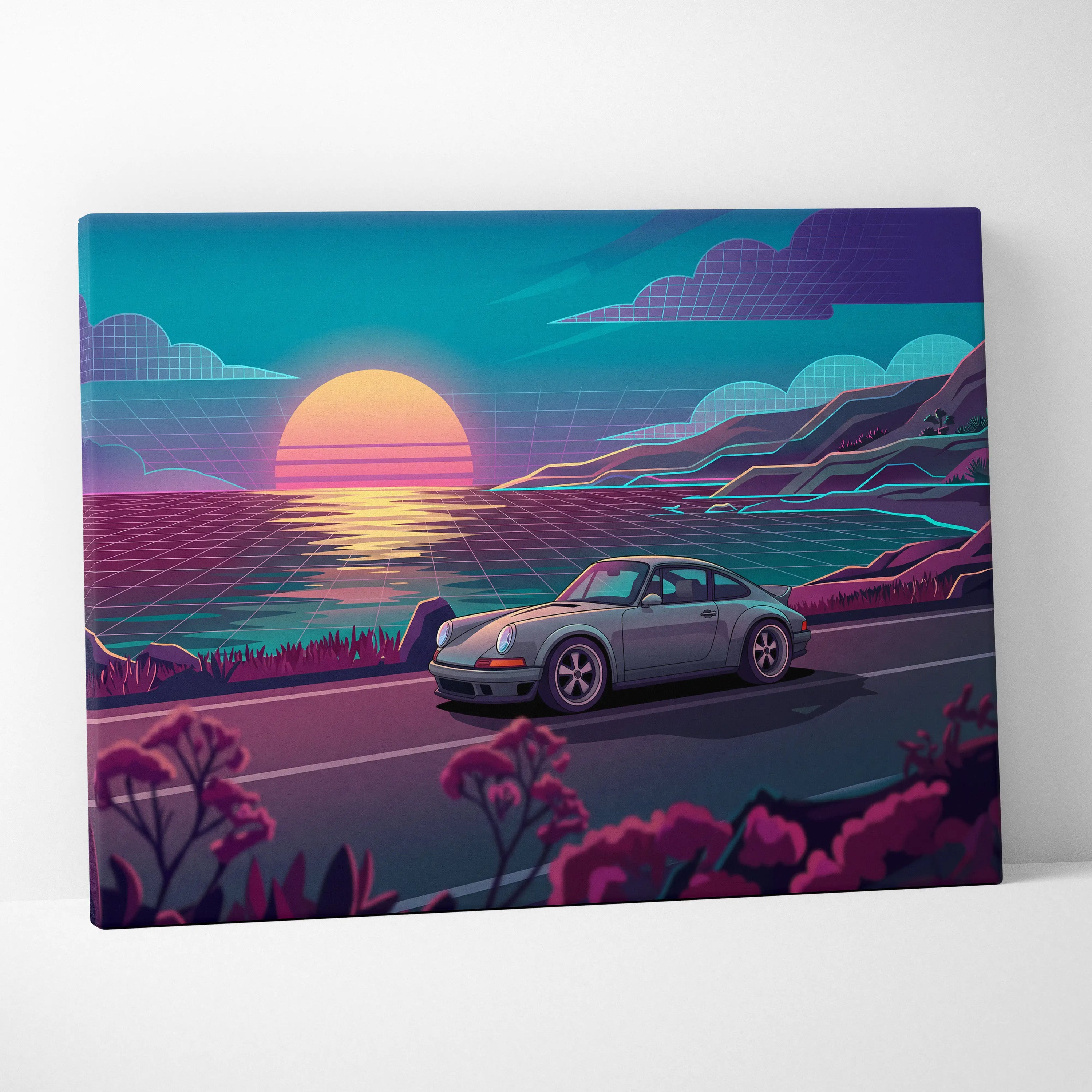Porsche 911 Classic Inspired Silver Teal Coastal Canvas Wall Art Vaporwave Classic Car Artwork, Sunset Ocean Road Garage Decor Retro Futuristic Print