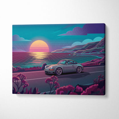 Porsche 911 Classic Inspired Silver Teal Coastal Canvas Wall Art Vaporwave Classic Car Artwork, Sunset Ocean Road Garage Decor Retro Futuristic Print
