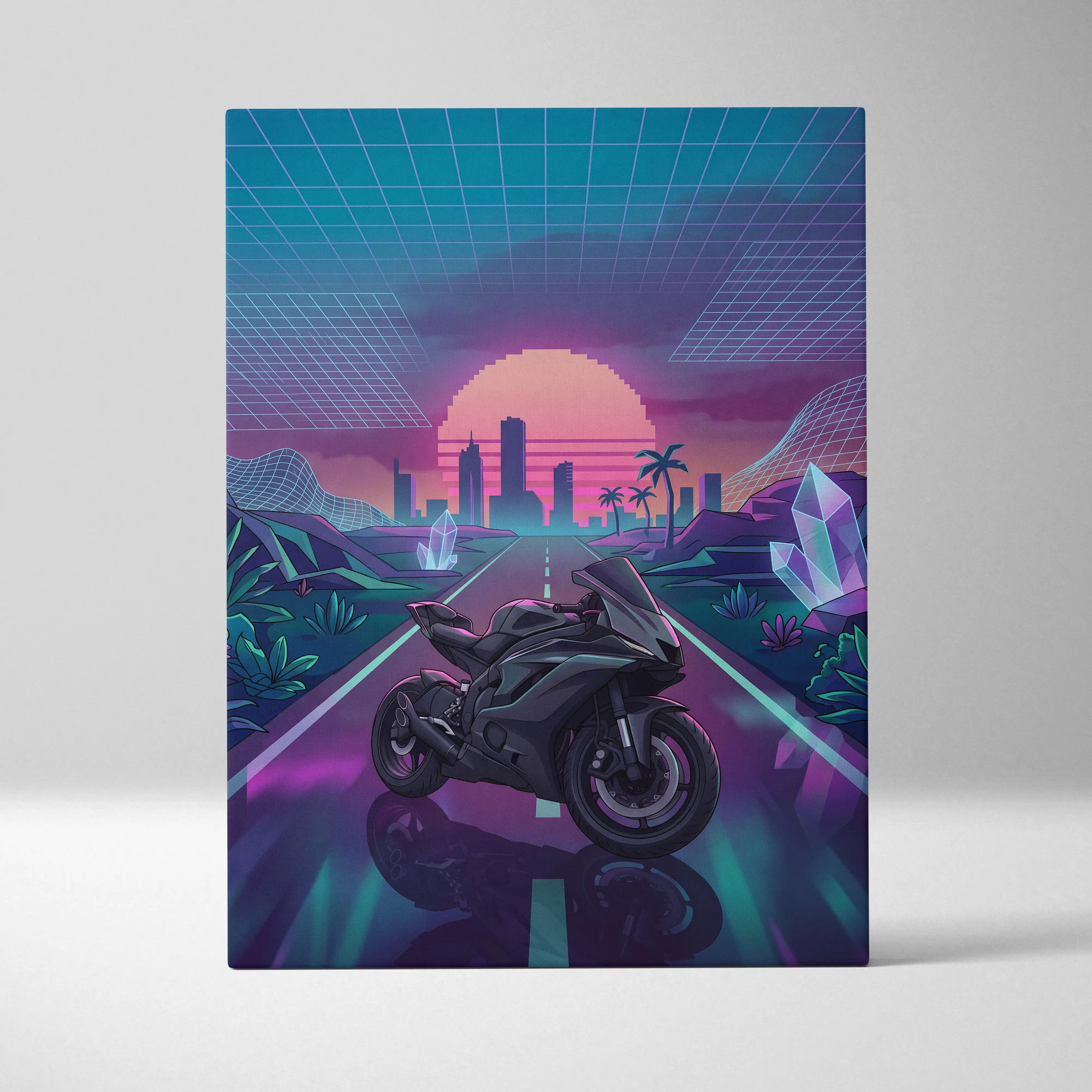 Yamaha R6 Inspired Black Purple Motorcycle Canvas Wall Art Vaporwave Neon Sunset Sportbike Garage Decor Retro Futuristic Racing Artwork