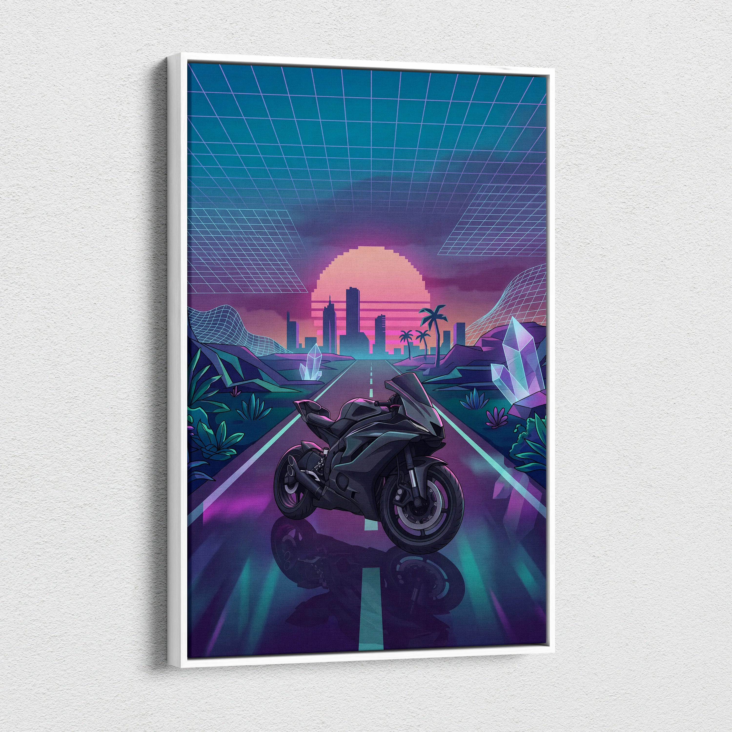 Yamaha R6 Inspired Black Purple Motorcycle Canvas Wall Art Vaporwave Neon Sunset Sportbike Garage Decor Retro Futuristic Racing Artwork
