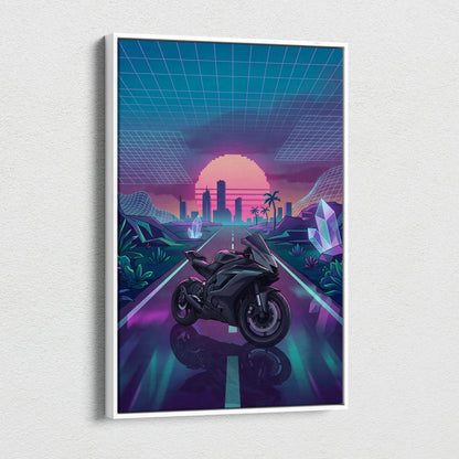 Yamaha R6 Inspired Black Purple Motorcycle Canvas Wall Art Vaporwave Neon Sunset Sportbike Garage Decor Retro Futuristic Racing Artwork