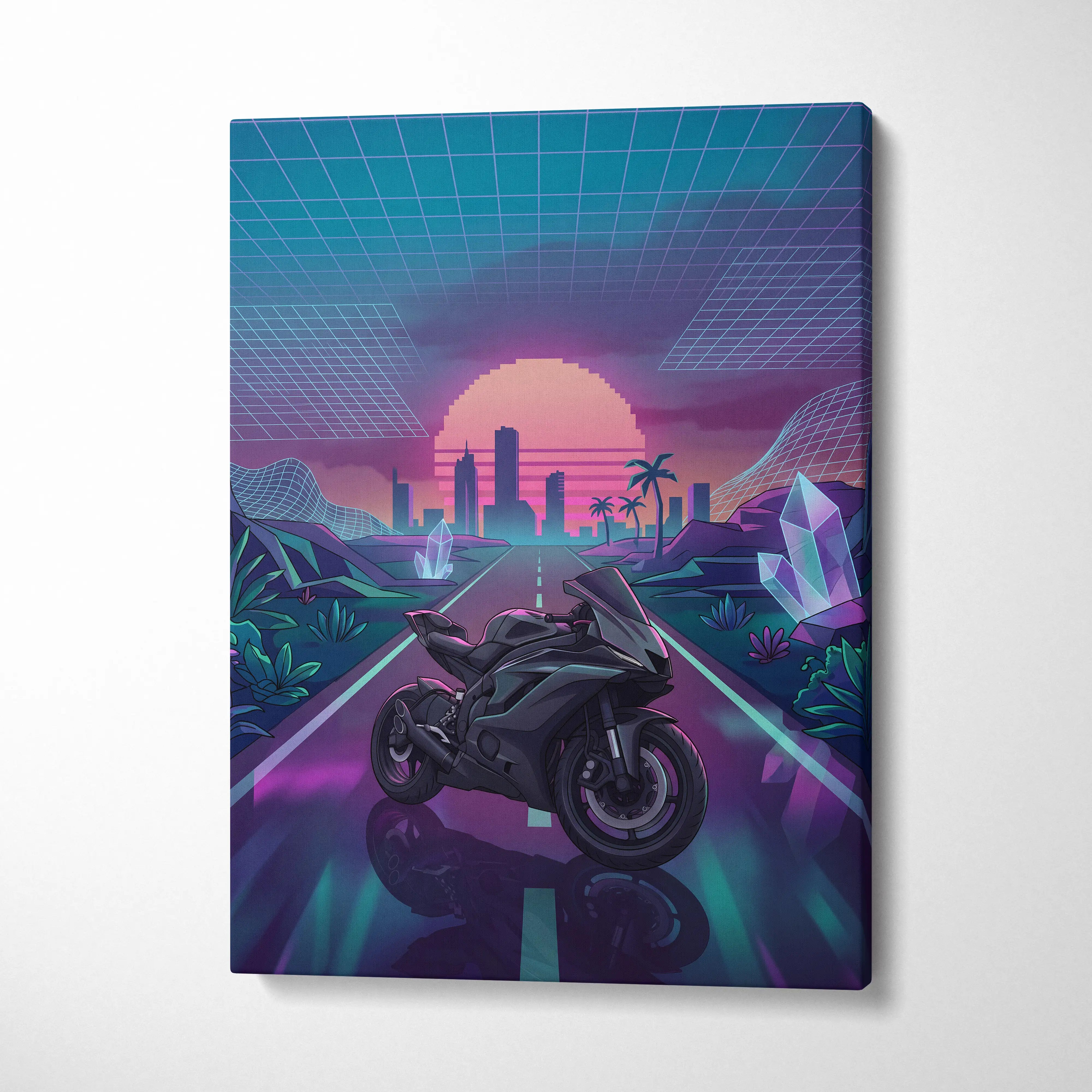 Yamaha R6 Inspired Black Purple Motorcycle Canvas Wall Art Vaporwave Neon Sunset Sportbike Garage Decor Retro Futuristic Racing Artwork