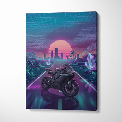 Yamaha R6 Inspired Black Purple Motorcycle Canvas Wall Art Vaporwave Neon Sunset Sportbike Garage Decor Retro Futuristic Racing Artwork