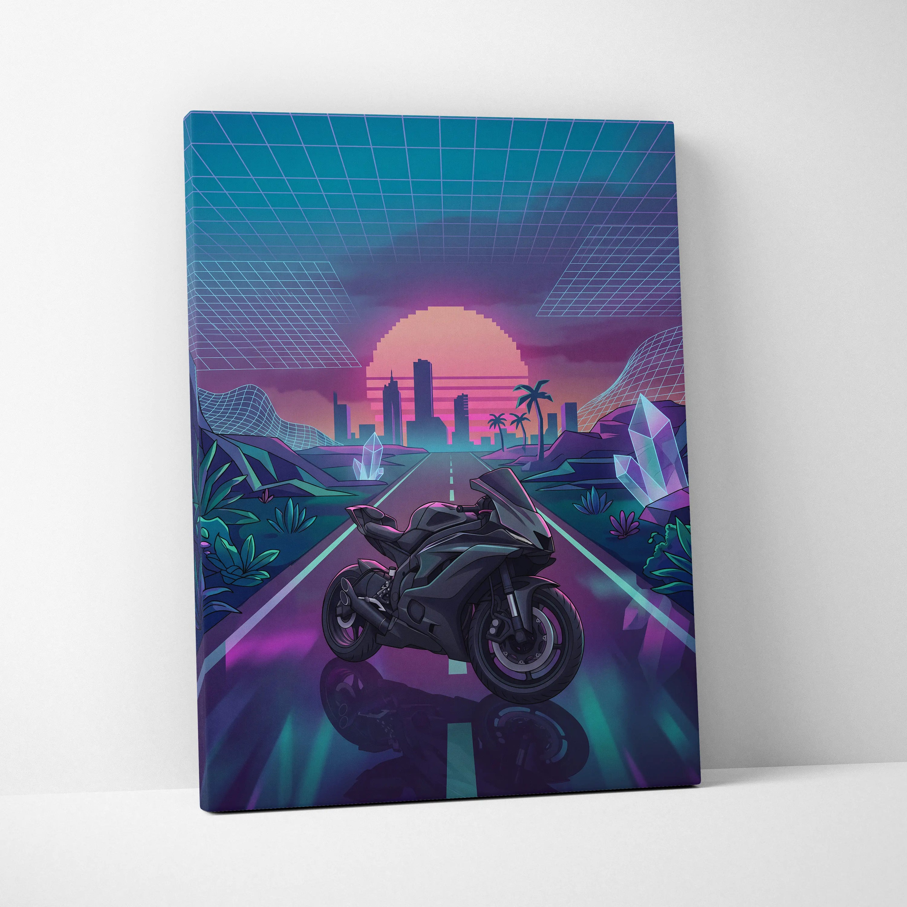 Yamaha R6 Inspired Black Purple Motorcycle Canvas Wall Art Vaporwave Neon Sunset Sportbike Garage Decor Retro Futuristic Racing Artwork