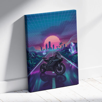 Yamaha R6 Inspired Black Purple Motorcycle Canvas Wall Art Vaporwave Neon Sunset Sportbike Garage Decor Retro Futuristic Racing Artwork
