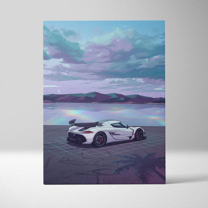 Koenigsegg Jesko Inspired White Teal Lake Canvas Wall Art Vaporwave Hypercar Artwork, Neon Grid Coastal Garage Decor Retro Futuristic Print