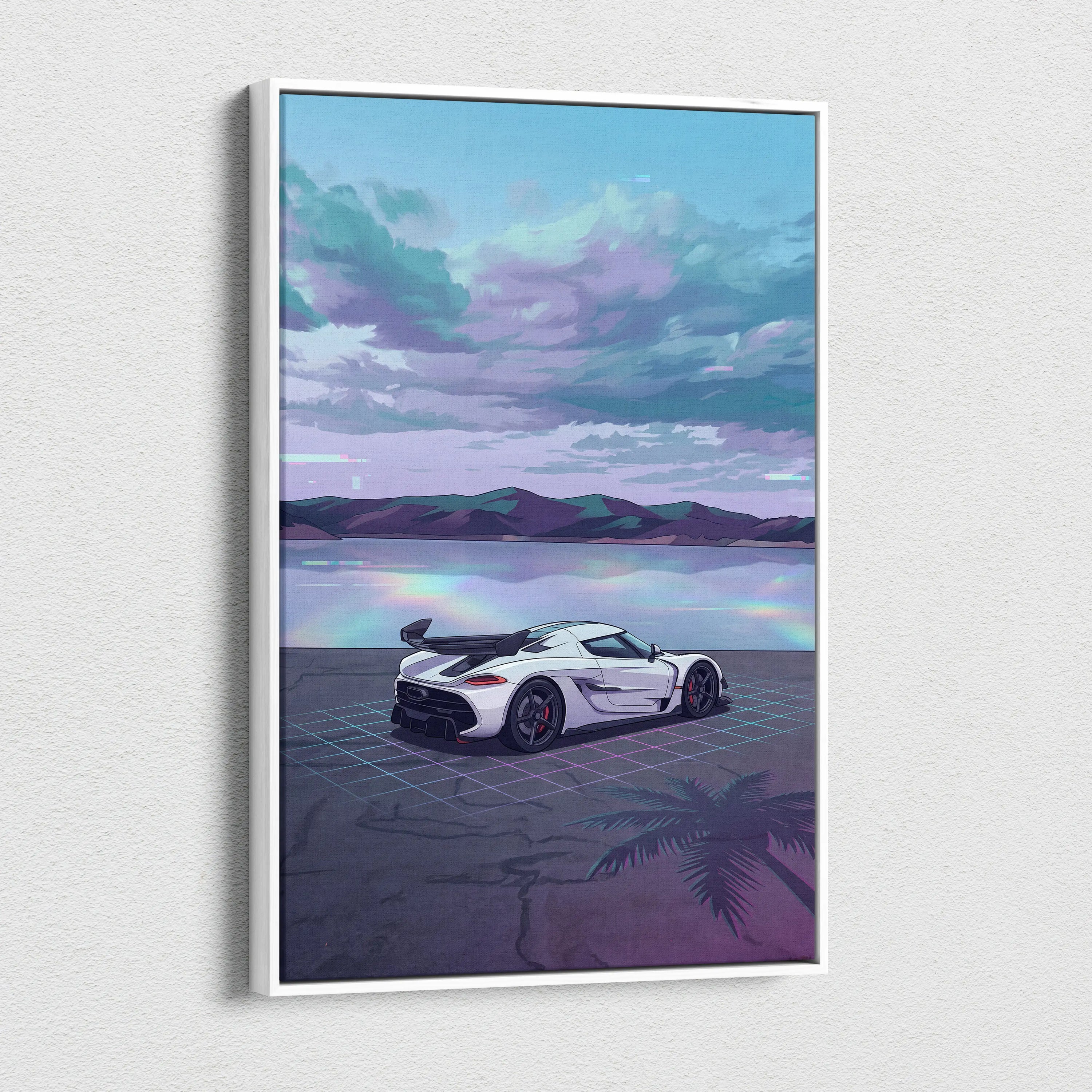 Koenigsegg Jesko Inspired White Teal Lake Canvas Wall Art Vaporwave Hypercar Artwork, Neon Grid Coastal Garage Decor Retro Futuristic Print