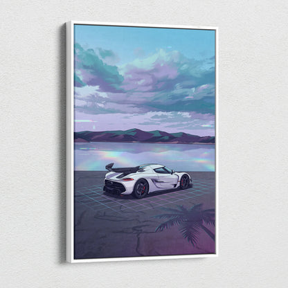 Koenigsegg Jesko Inspired White Teal Lake Canvas Wall Art Vaporwave Hypercar Artwork, Neon Grid Coastal Garage Decor Retro Futuristic Print