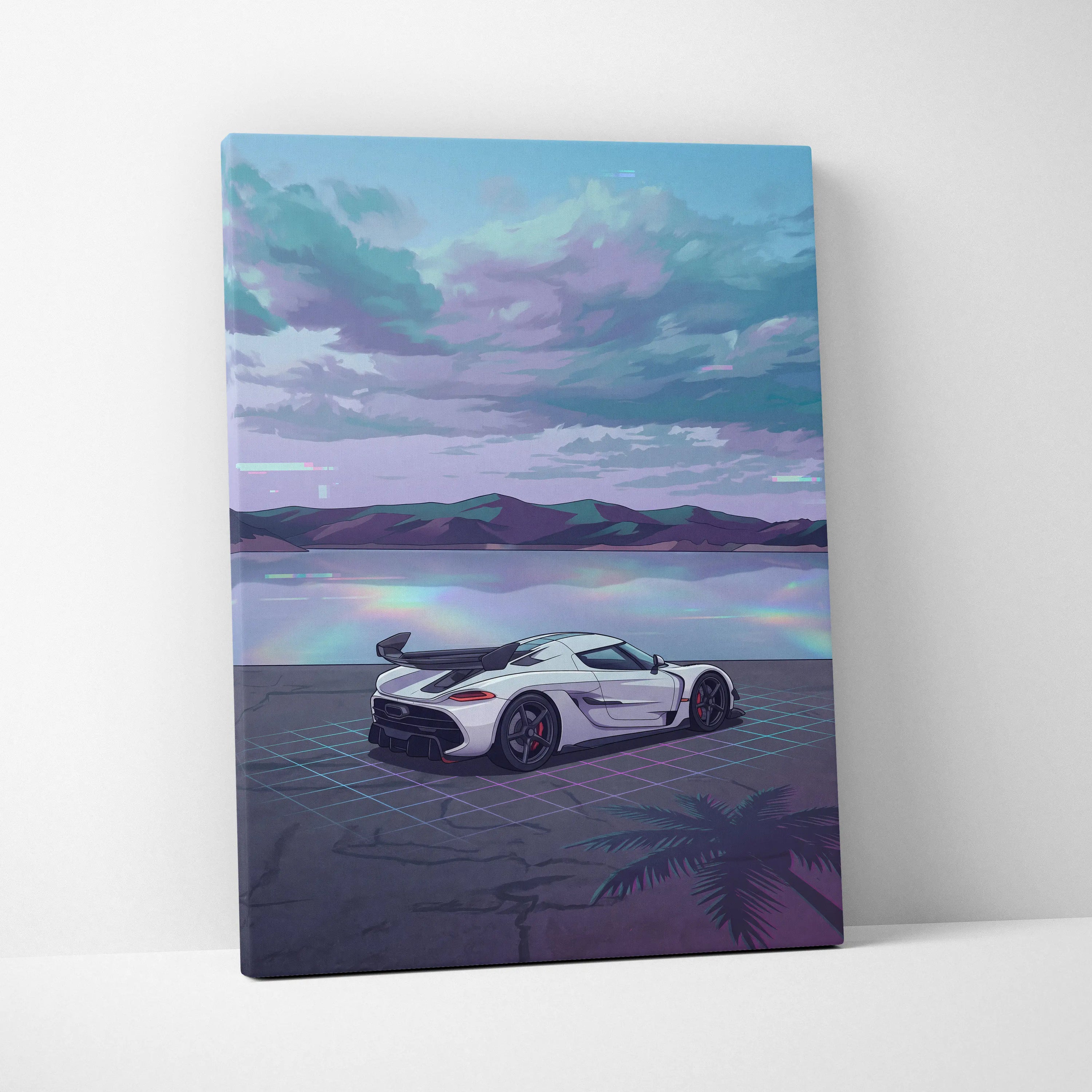 Koenigsegg Jesko Inspired White Teal Lake Canvas Wall Art Vaporwave Hypercar Artwork, Neon Grid Coastal Garage Decor Retro Futuristic Print