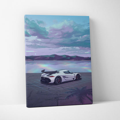 Koenigsegg Jesko Inspired White Teal Lake Canvas Wall Art Vaporwave Hypercar Artwork, Neon Grid Coastal Garage Decor Retro Futuristic Print