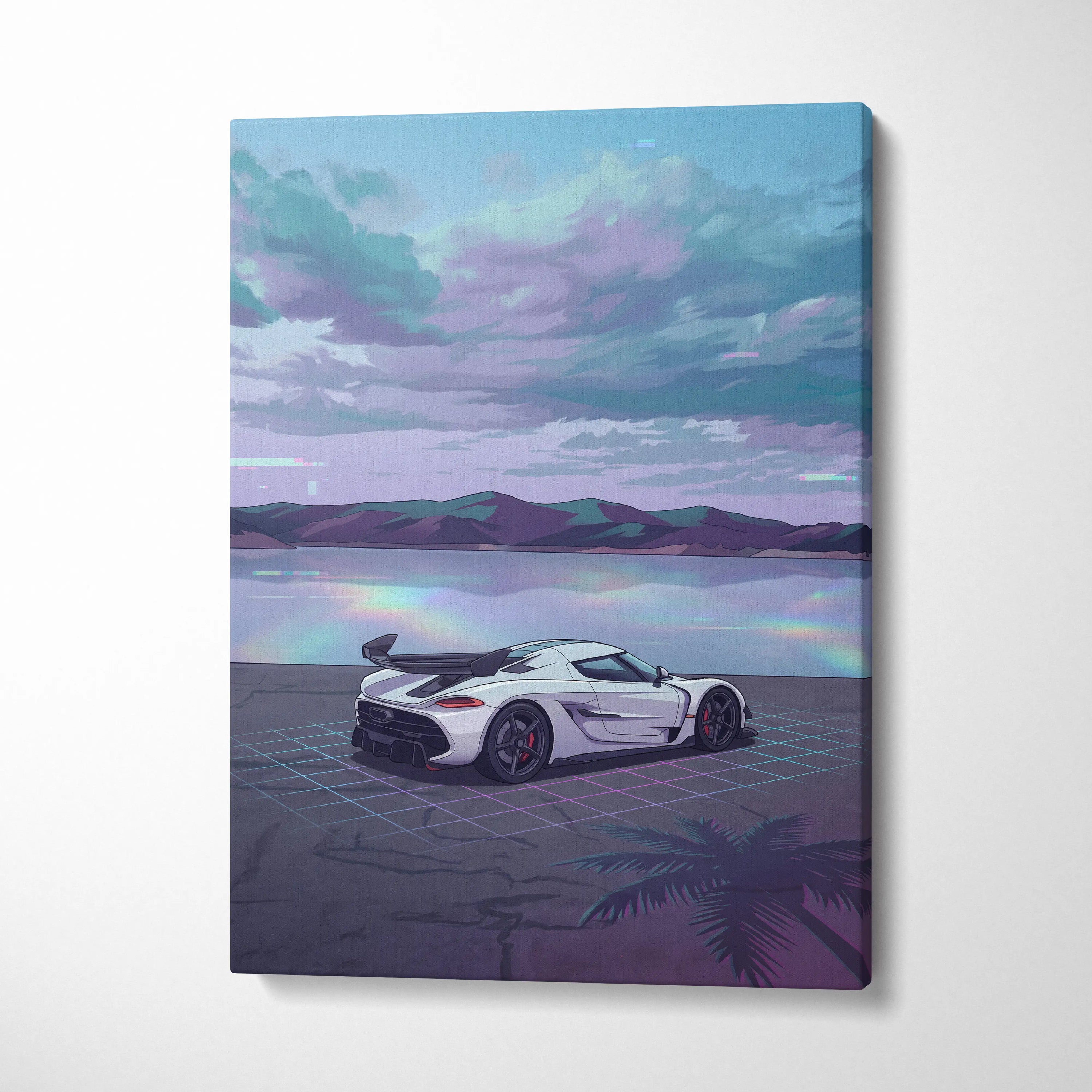 Koenigsegg Jesko Inspired White Teal Lake Canvas Wall Art Vaporwave Hypercar Artwork, Neon Grid Coastal Garage Decor Retro Futuristic Print