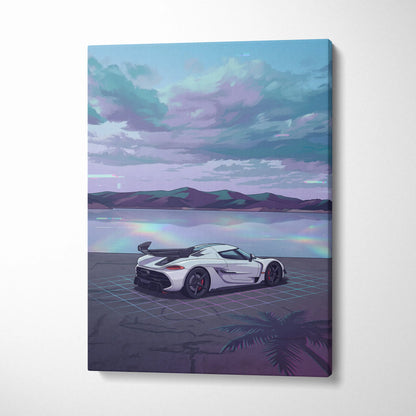 Koenigsegg Jesko Inspired White Teal Lake Canvas Wall Art Vaporwave Hypercar Artwork, Neon Grid Coastal Garage Decor Retro Futuristic Print