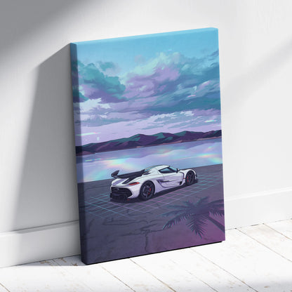 Koenigsegg Jesko Inspired White Teal Lake Canvas Wall Art Vaporwave Hypercar Artwork, Neon Grid Coastal Garage Decor Retro Futuristic Print