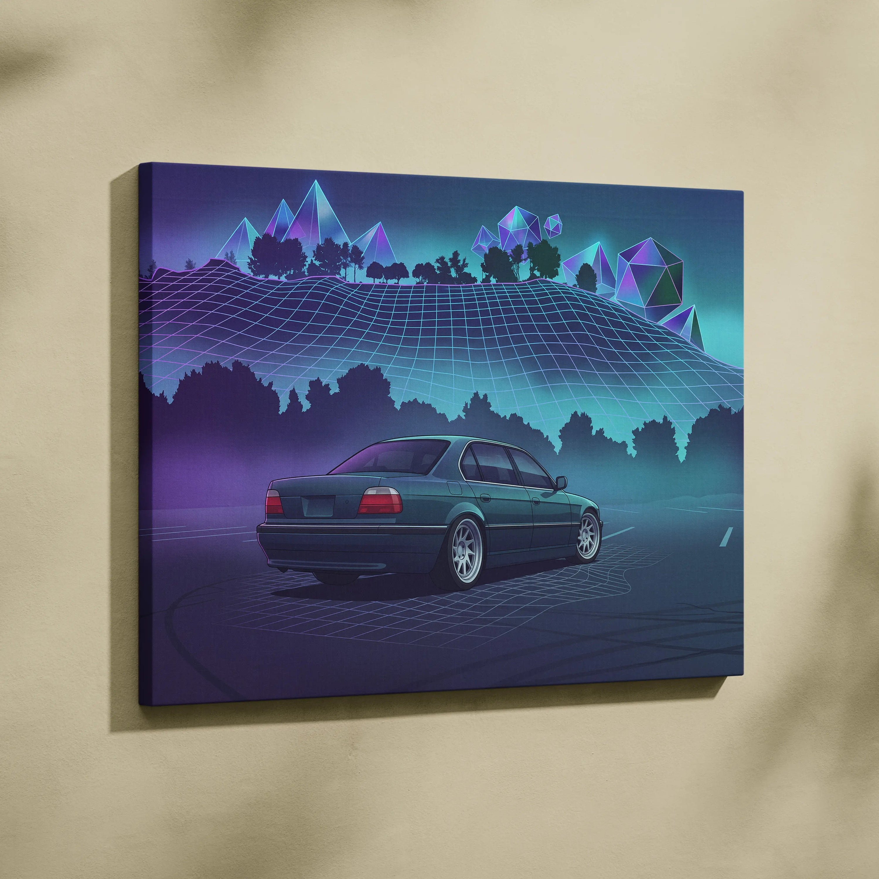 BMW 7 Series E38 Inspired Green Purple Canvas Wall Art Vaporwave Luxury Sedan Artwork Neon Forest Garage Decor Retro Futuristic JDM Print