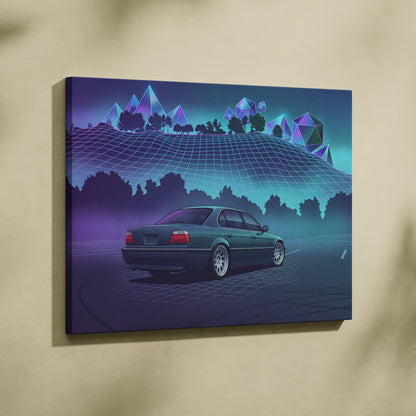 BMW 7 Series E38 Inspired Green Purple Canvas Wall Art Vaporwave Luxury Sedan Artwork Neon Forest Garage Decor Retro Futuristic JDM Print