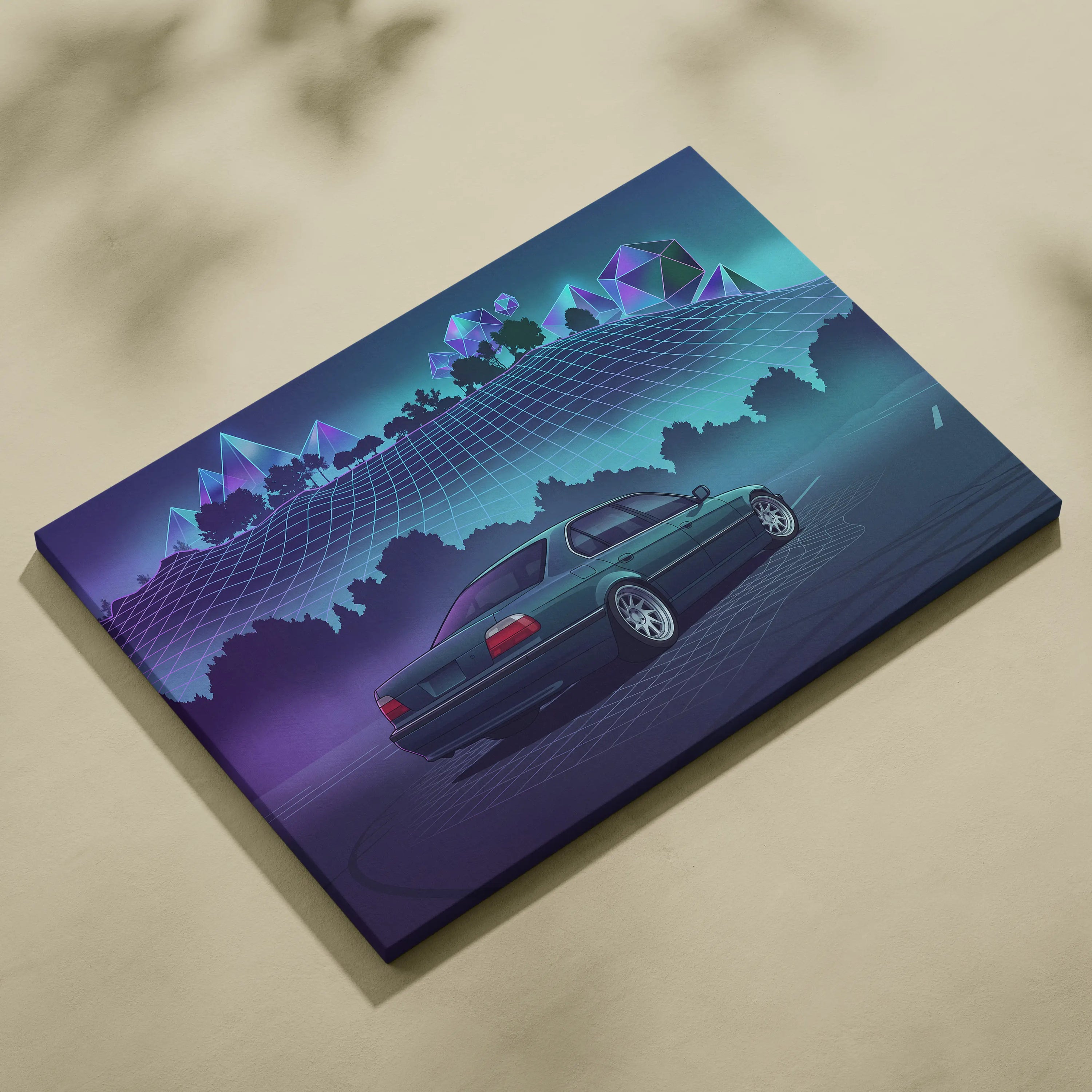 BMW 7 Series E38 Inspired Green Purple Canvas Wall Art Vaporwave Luxury Sedan Artwork Neon Forest Garage Decor Retro Futuristic JDM Print