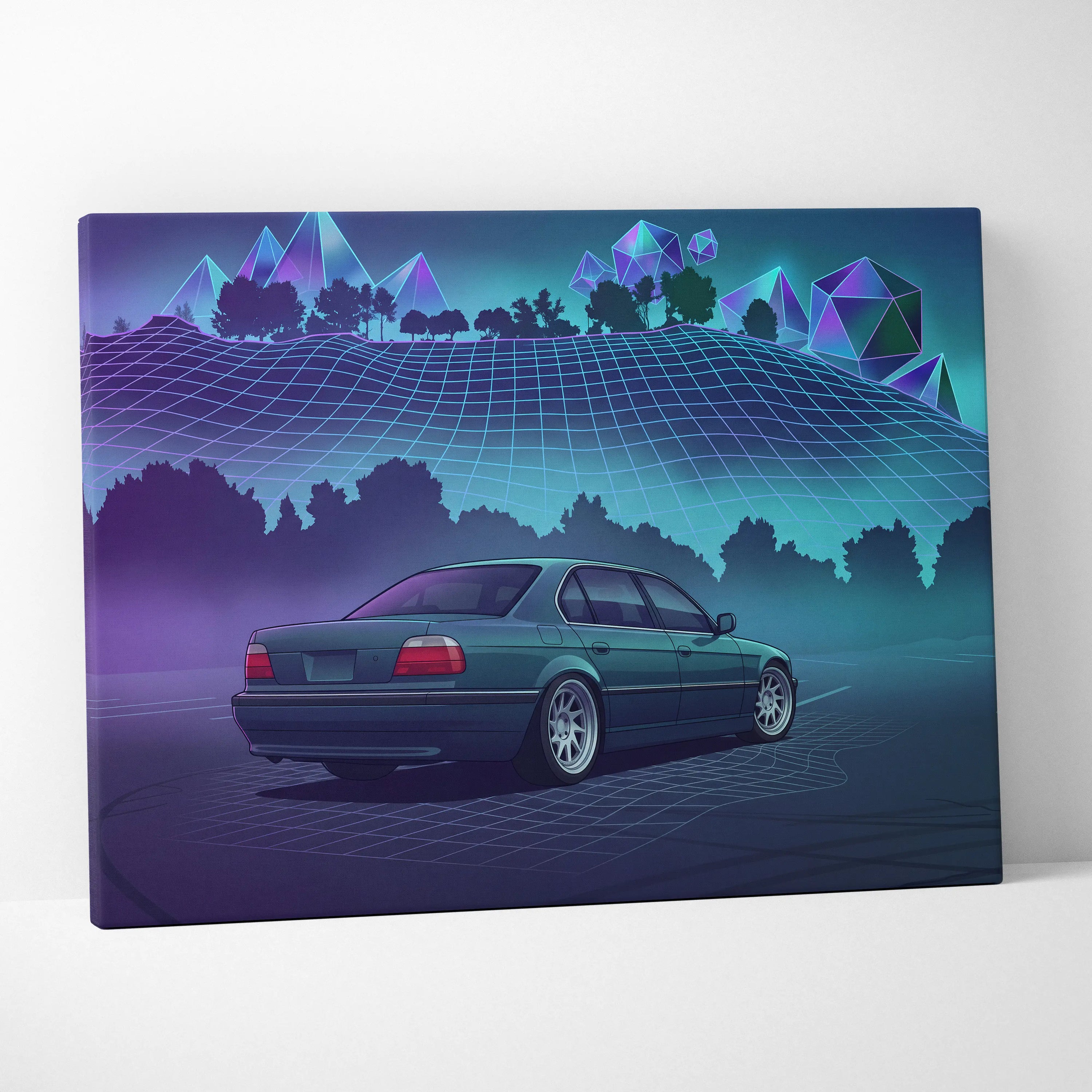 BMW 7 Series E38 Inspired Green Purple Canvas Wall Art Vaporwave Luxury Sedan Artwork Neon Forest Garage Decor Retro Futuristic JDM Print
