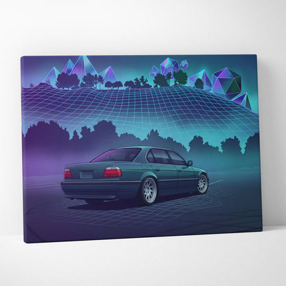BMW 7 Series E38 Inspired Green Purple Canvas Wall Art Vaporwave Luxury Sedan Artwork Neon Forest Garage Decor Retro Futuristic JDM Print