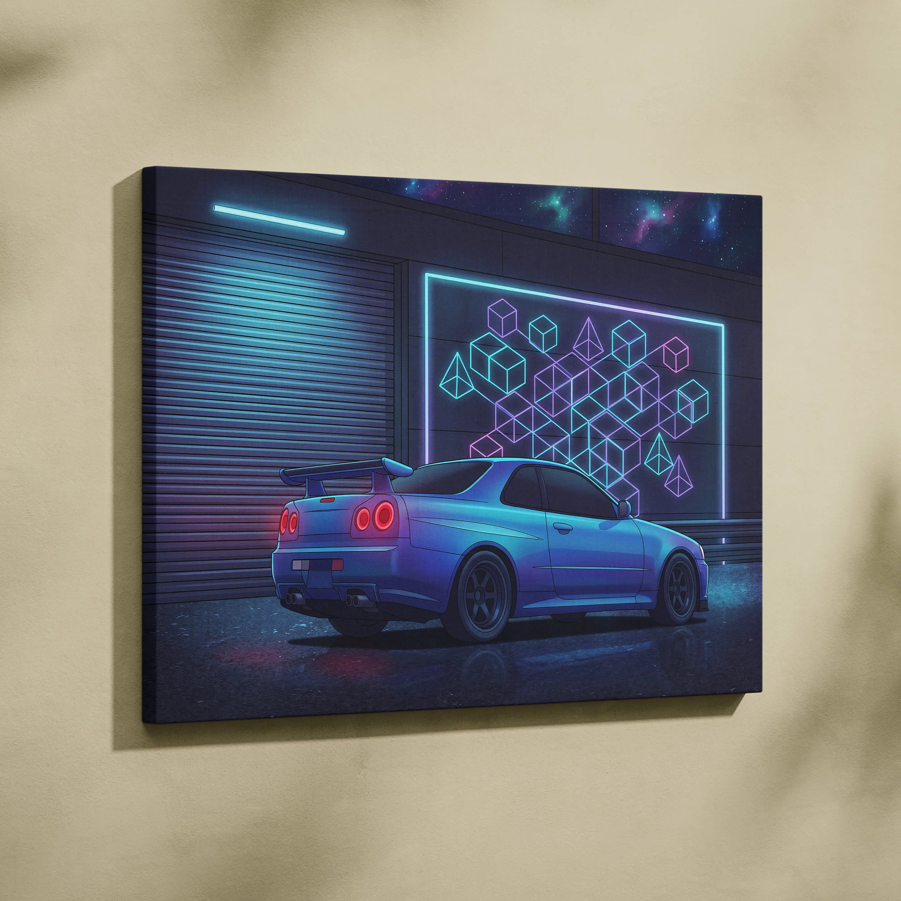 Nissan Skyline GT-R R34 Inspired Blue Purple Canvas Wall Art Vaporwave Neon Garage JDM Car Artwork, Cyberpunk Night Tuner Decor