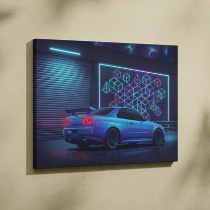 Nissan Skyline GT-R R34 Inspired Blue Purple Canvas Wall Art Vaporwave Neon Garage JDM Car Artwork, Cyberpunk Night Tuner Decor