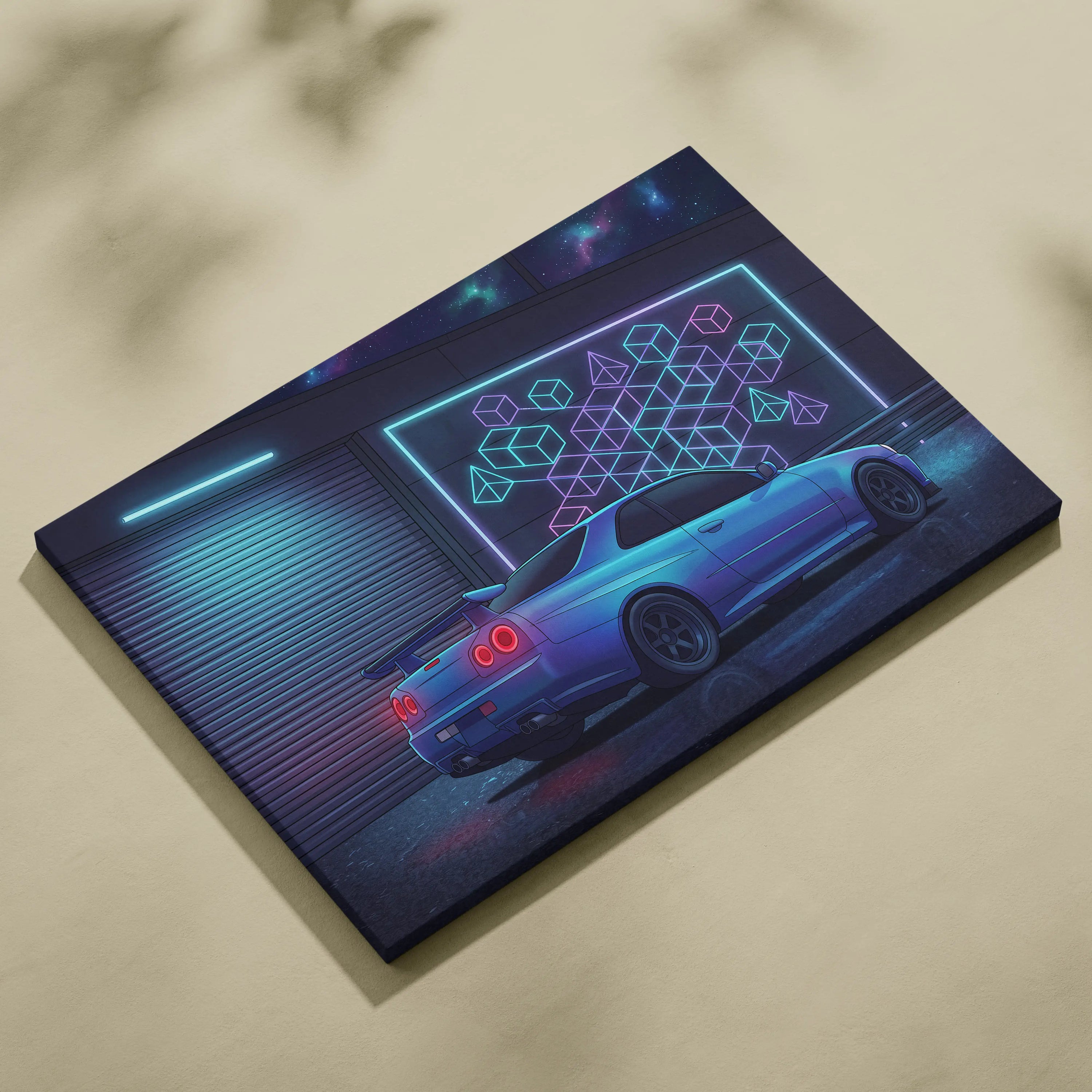 Nissan Skyline GT-R R34 Inspired Blue Purple Canvas Wall Art Vaporwave Neon Garage JDM Car Artwork, Cyberpunk Night Tuner Decor