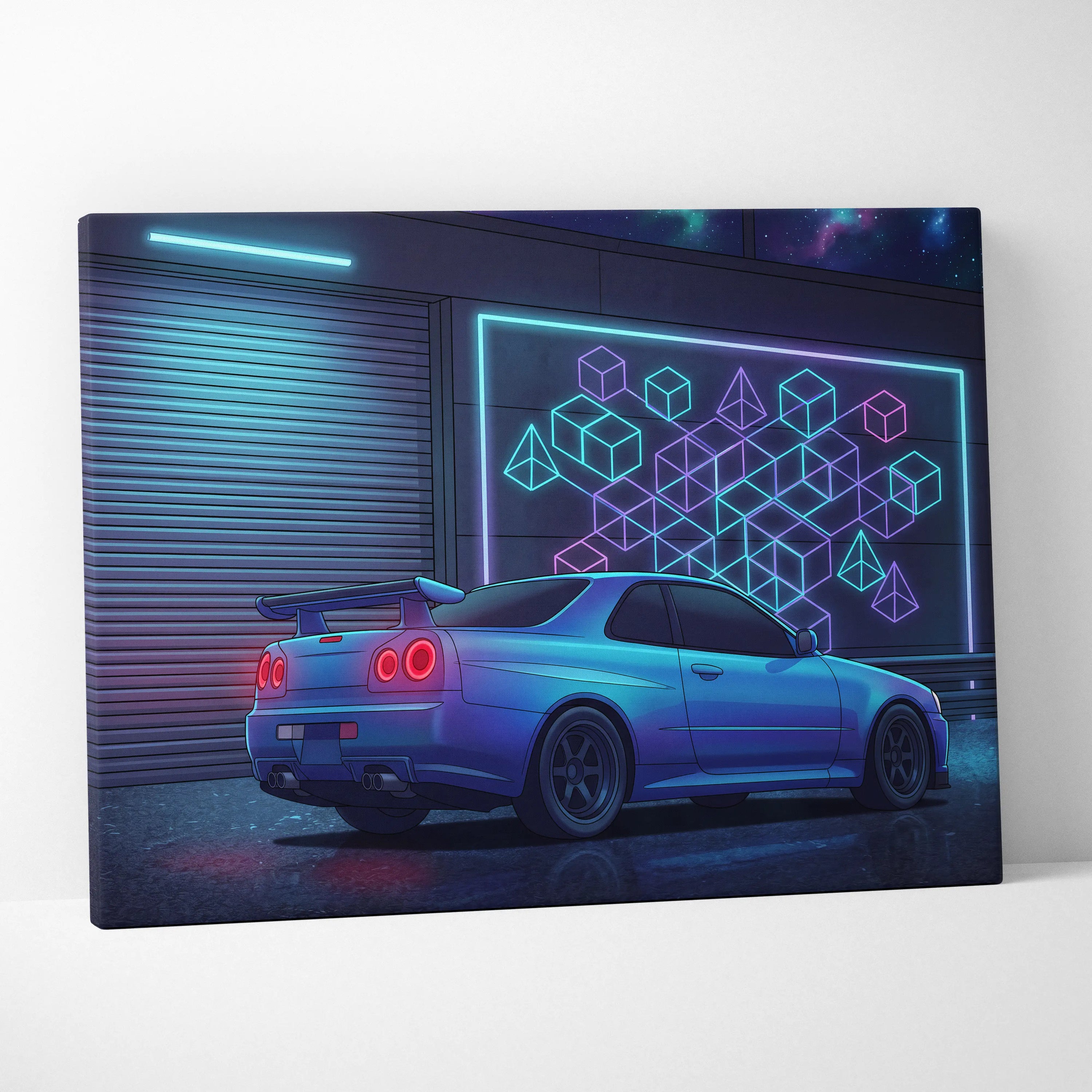 Nissan Skyline GT-R R34 Inspired Blue Purple Canvas Wall Art Vaporwave Neon Garage JDM Car Artwork, Cyberpunk Night Tuner Decor