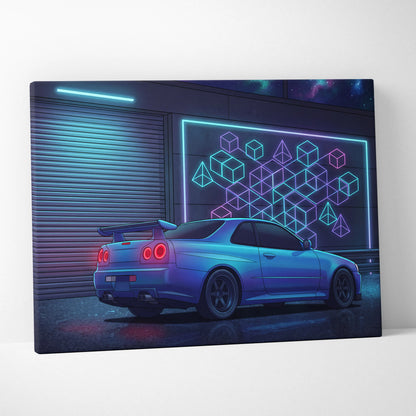 Nissan Skyline GT-R R34 Inspired Blue Purple Canvas Wall Art Vaporwave Neon Garage JDM Car Artwork, Cyberpunk Night Tuner Decor