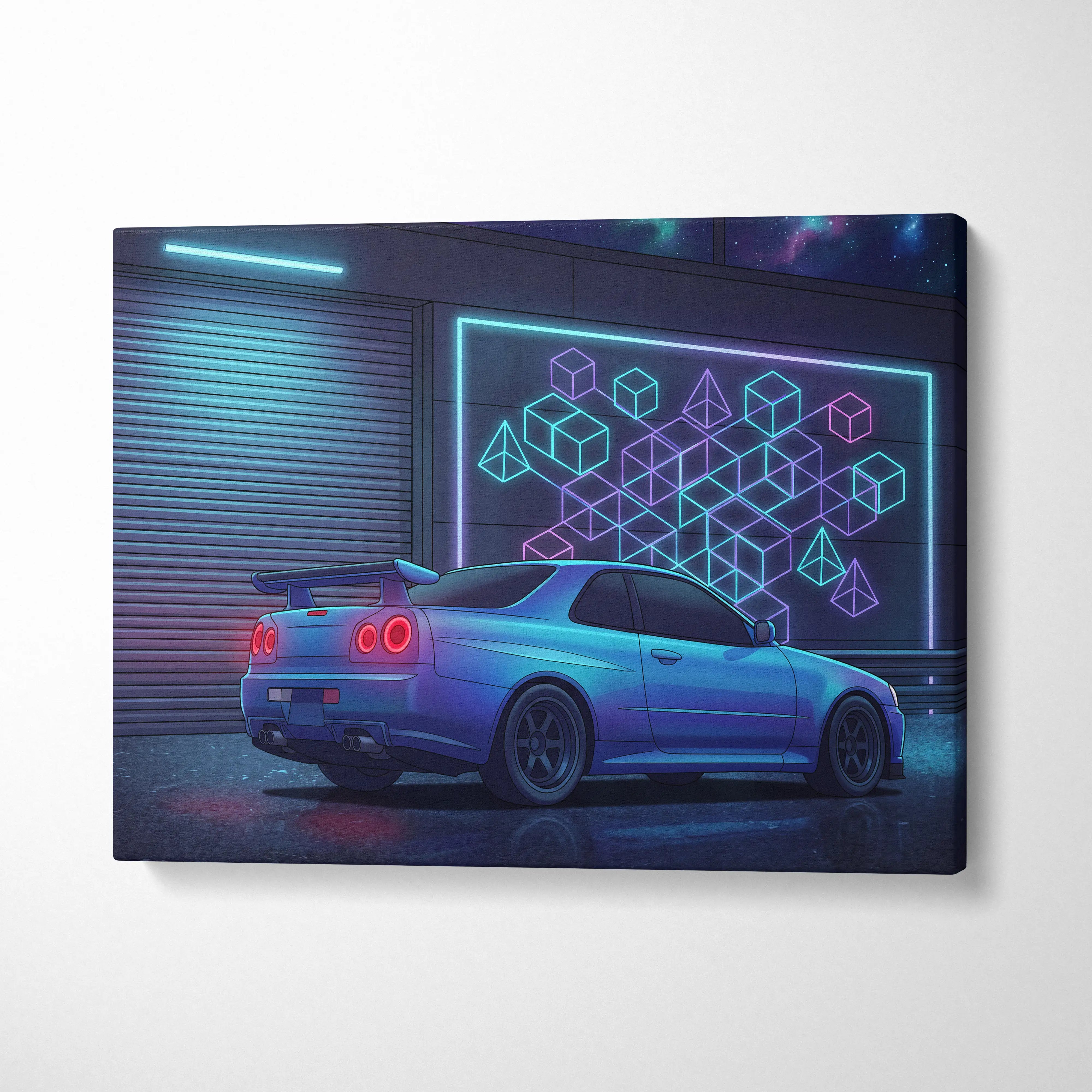 Nissan Skyline GT-R R34 Inspired Blue Purple Canvas Wall Art Vaporwave Neon Garage JDM Car Artwork, Cyberpunk Night Tuner Decor