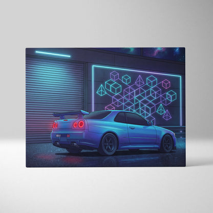 Nissan Skyline GT-R R34 Inspired Blue Purple Canvas Wall Art Vaporwave Neon Garage JDM Car Artwork, Cyberpunk Night Tuner Decor