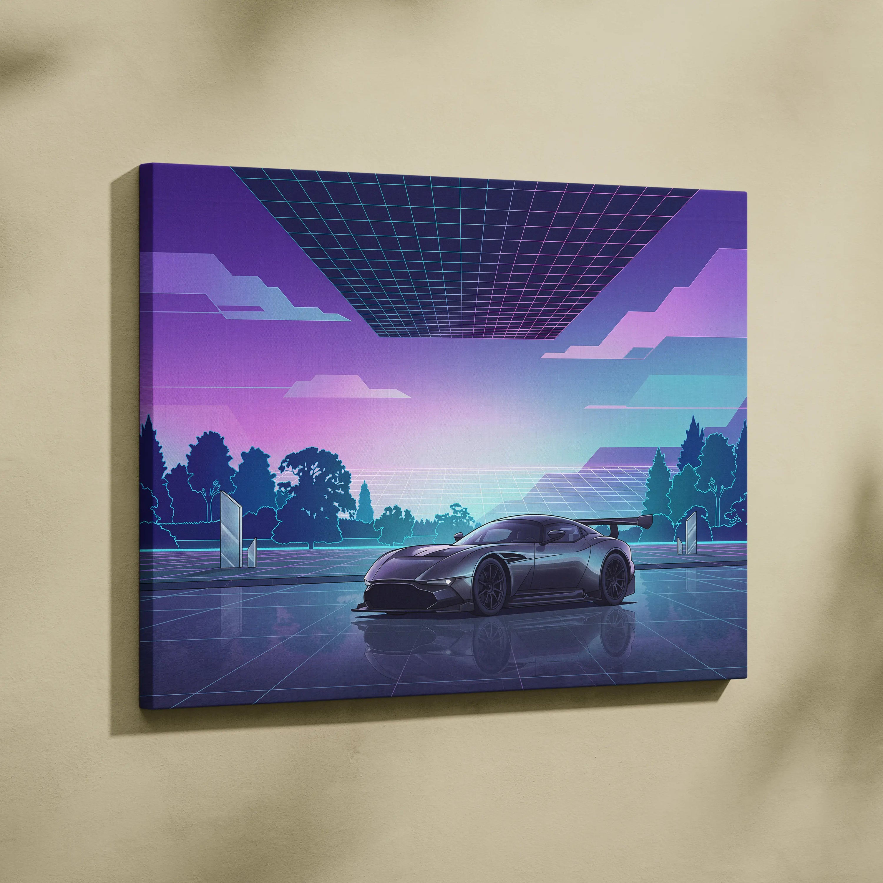 Aston Martin Vulcan Inspired Gray Purple Canvas Wall Art Vaporwave Supercar Artwork Neon Grid Garage Decor Retro Futuristic Motorsport Print