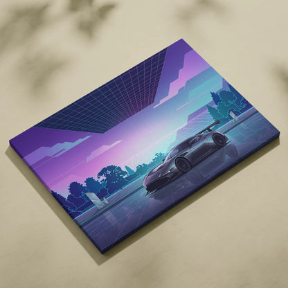 Aston Martin Vulcan Inspired Gray Purple Canvas Wall Art Vaporwave Supercar Artwork Neon Grid Garage Decor Retro Futuristic Motorsport Print
