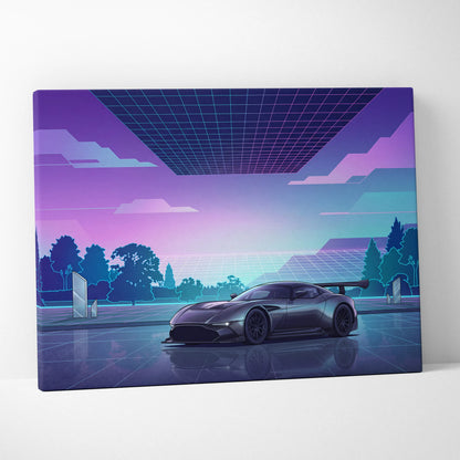 Aston Martin Vulcan Inspired Gray Purple Canvas Wall Art Vaporwave Supercar Artwork Neon Grid Garage Decor Retro Futuristic Motorsport Print