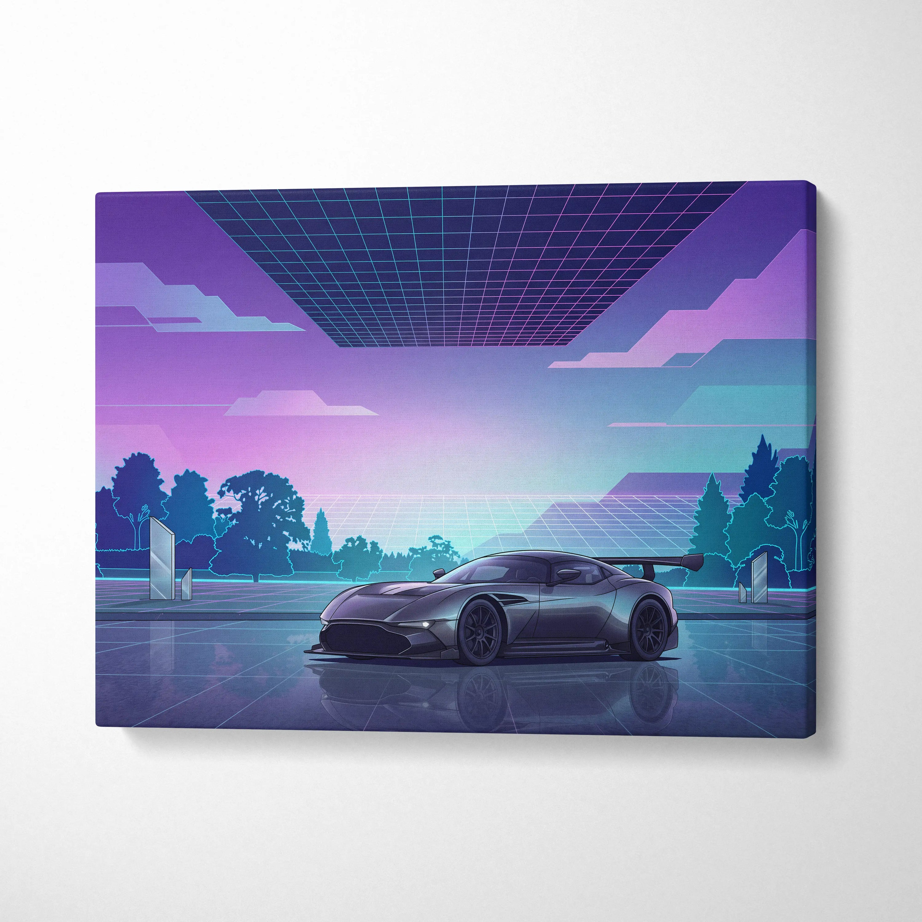Aston Martin Vulcan Inspired Gray Purple Canvas Wall Art Vaporwave Supercar Artwork Neon Grid Garage Decor Retro Futuristic Motorsport Print