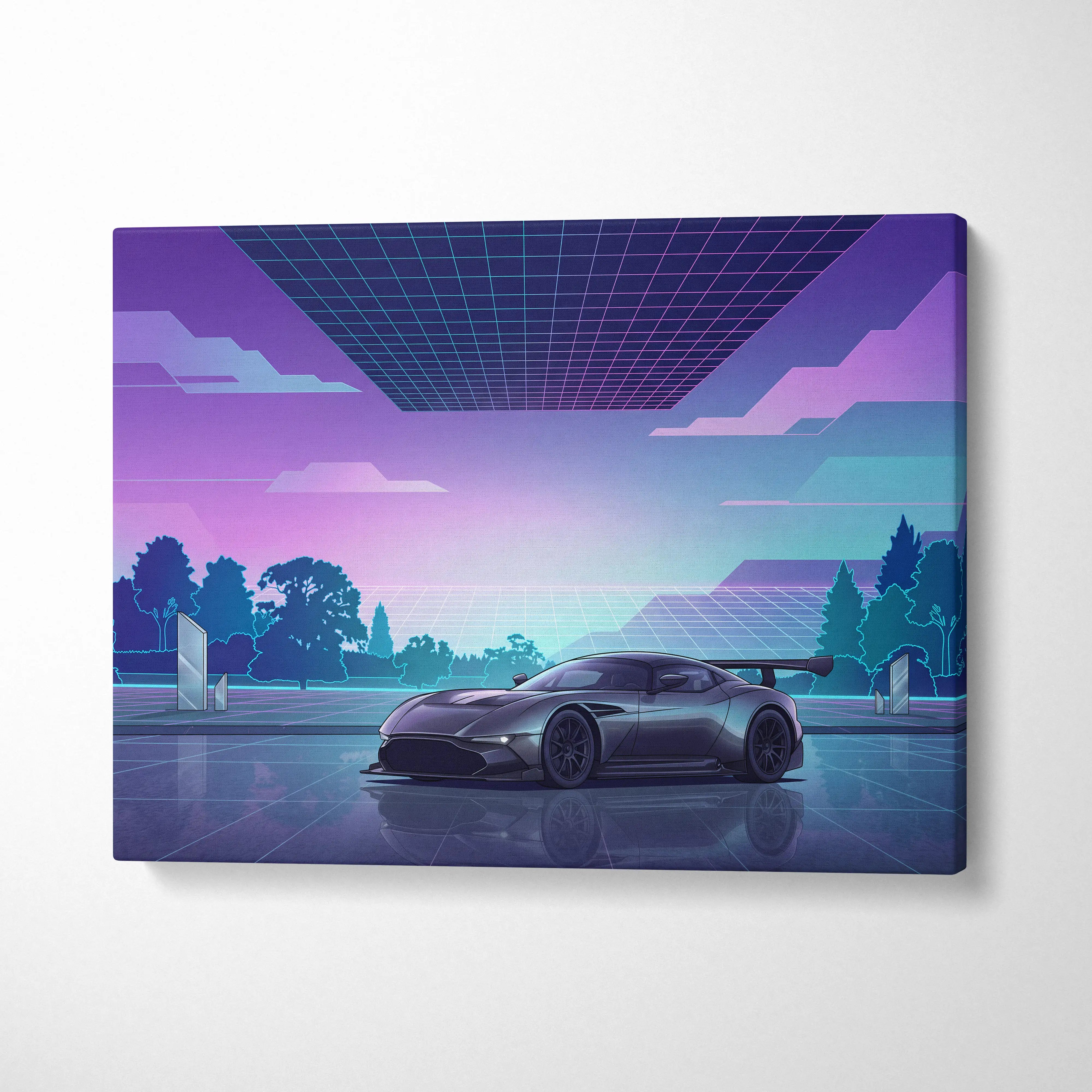 Aston Martin Vulcan Inspired Gray Purple Canvas Wall Art Vaporwave Supercar Artwork Neon Grid Garage Decor Retro Futuristic Motorsport Print