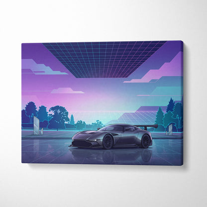Aston Martin Vulcan Inspired Gray Purple Canvas Wall Art Vaporwave Supercar Artwork Neon Grid Garage Decor Retro Futuristic Motorsport Print