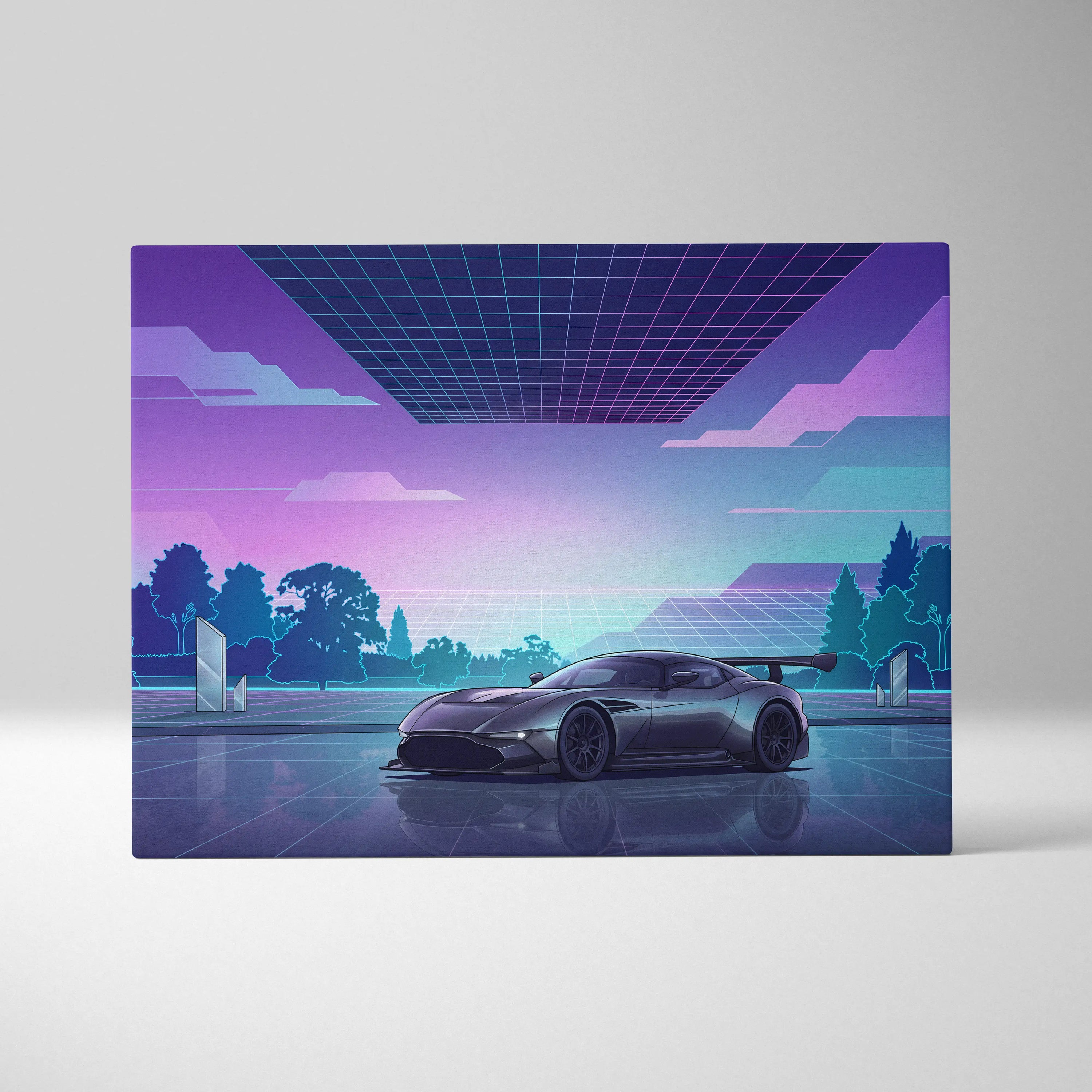 Aston Martin Vulcan Inspired Gray Purple Canvas Wall Art Vaporwave Supercar Artwork Neon Grid Garage Decor Retro Futuristic Motorsport Print