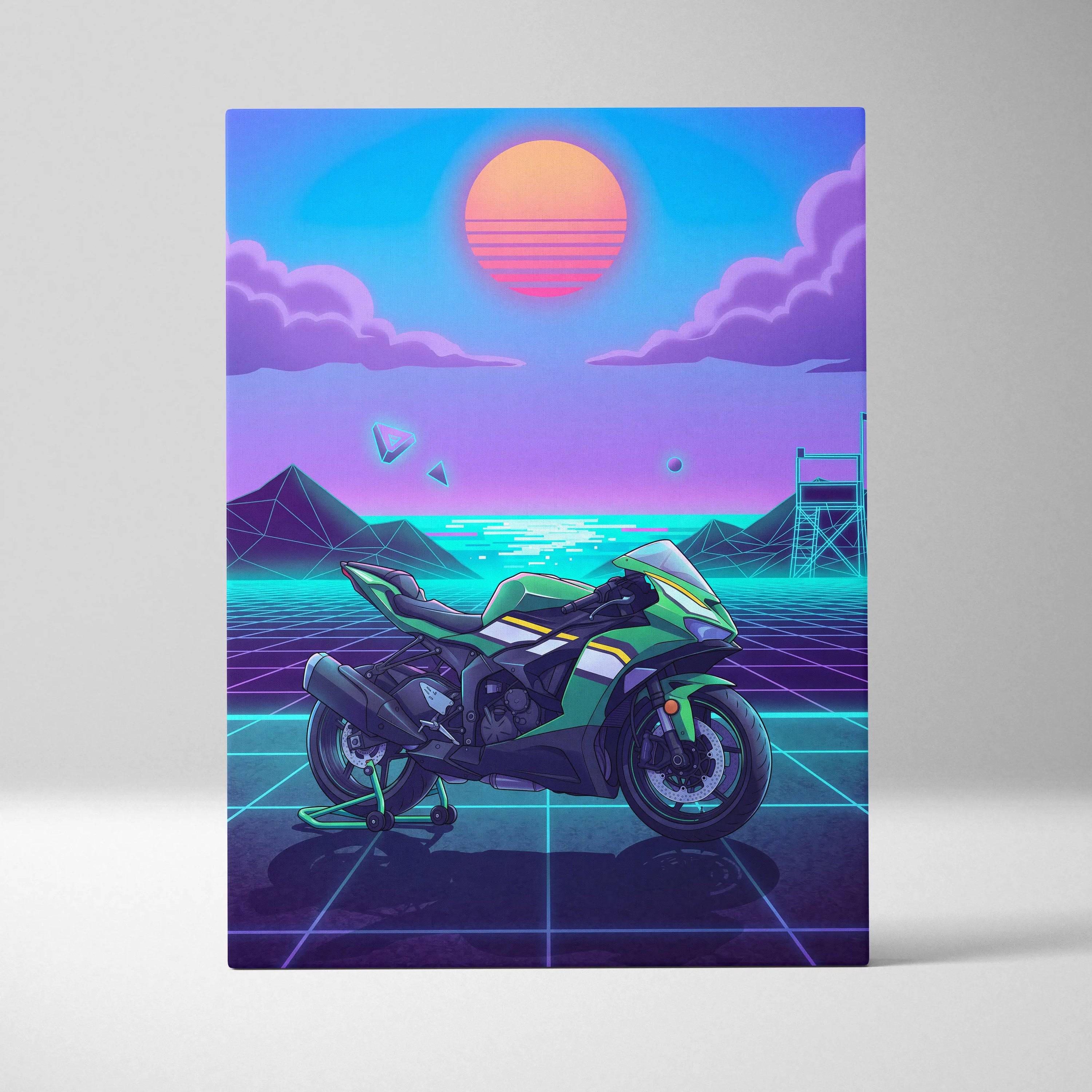Kawasaki Ninja ZX-6R Inspired Green Purple Motorcycle Canvas Wall Art Vaporwave Neon Sunset Sportbike Artwork for Garage Decor Retro Futuristic Print