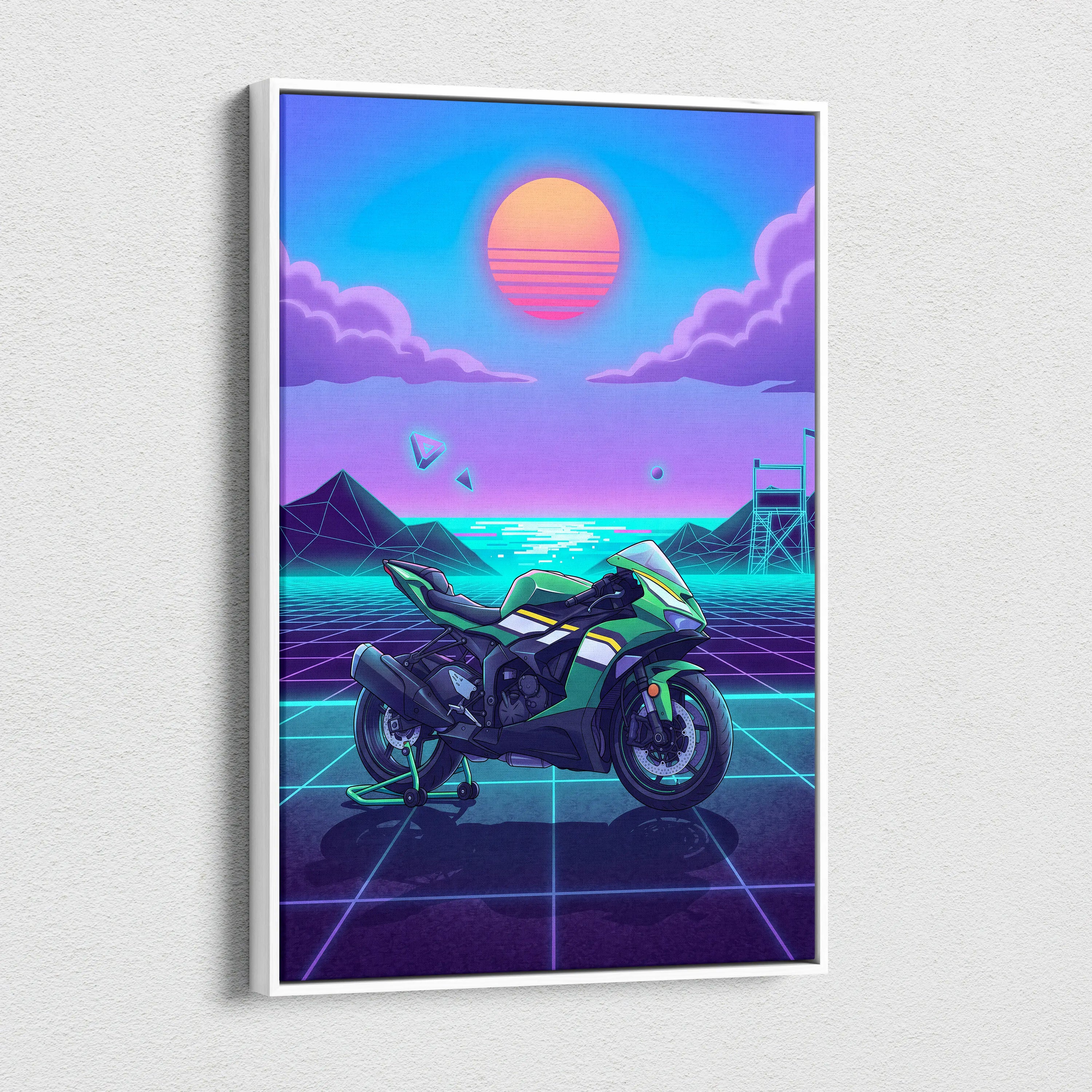 Kawasaki Ninja ZX-6R Inspired Green Purple Motorcycle Canvas Wall Art Vaporwave Neon Sunset Sportbike Artwork for Garage Decor Retro Futuristic Print
