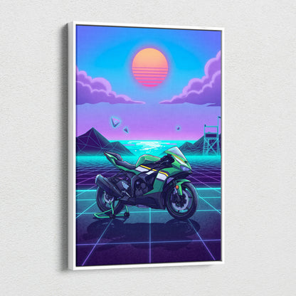 Kawasaki Ninja ZX-6R Inspired Green Purple Motorcycle Canvas Wall Art Vaporwave Neon Sunset Sportbike Artwork for Garage Decor Retro Futuristic Print
