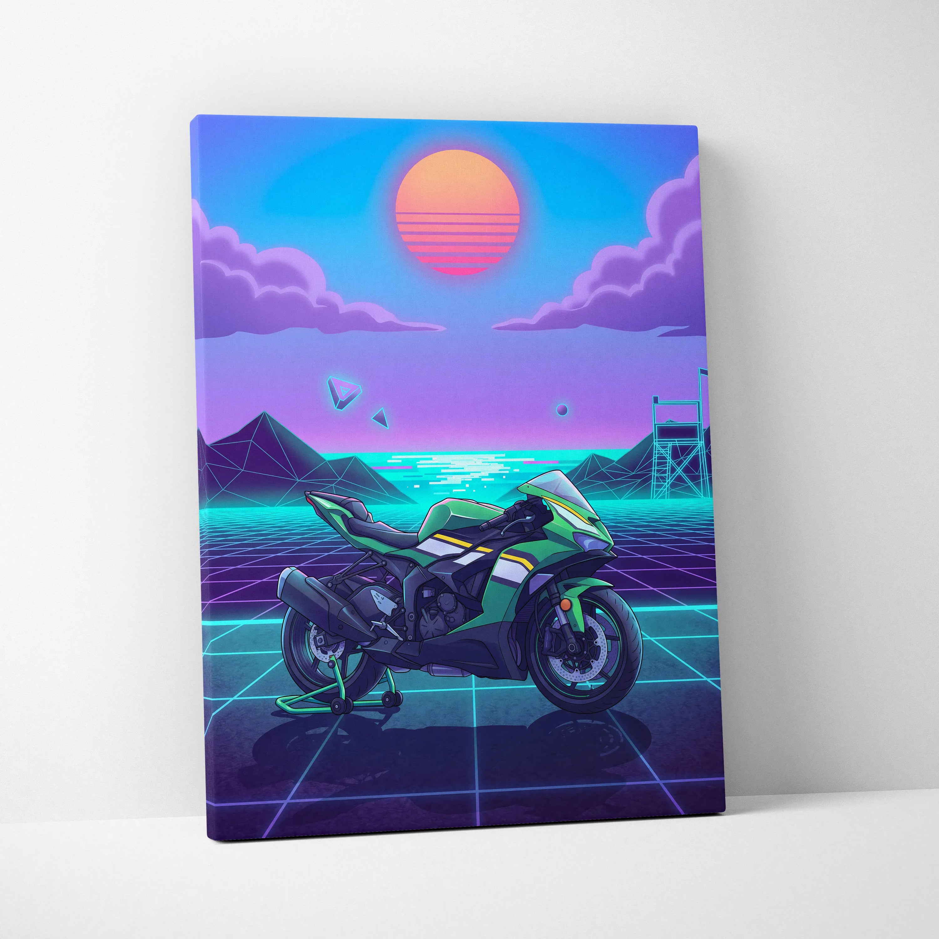 Kawasaki Ninja ZX-6R Inspired Green Purple Motorcycle Canvas Wall Art Vaporwave Neon Sunset Sportbike Artwork for Garage Decor Retro Futuristic Print
