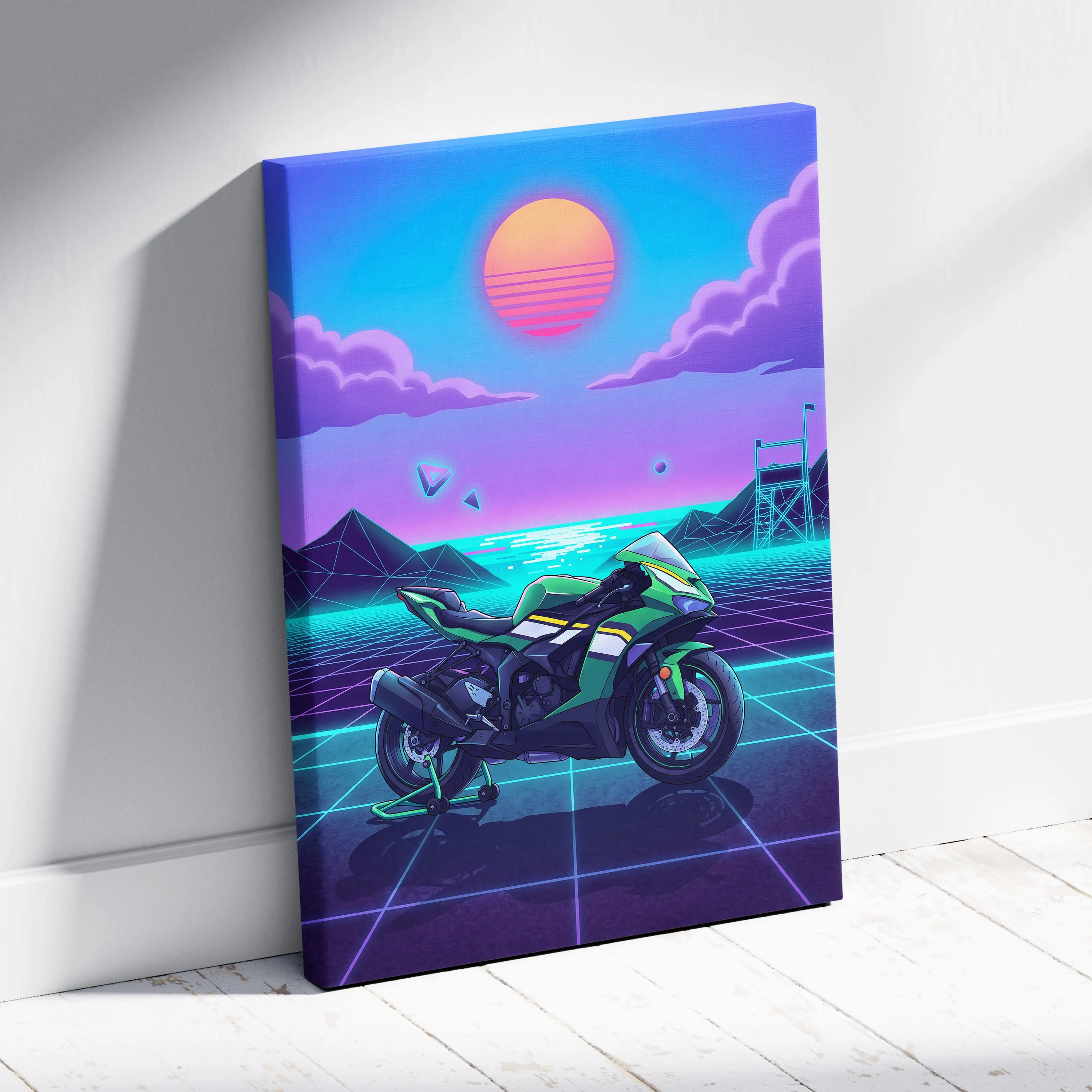 Kawasaki Ninja ZX-6R Inspired Green Purple Motorcycle Canvas Wall Art Vaporwave Neon Sunset Sportbike Artwork for Garage Decor Retro Futuristic Print