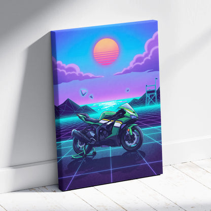 Kawasaki Ninja ZX-6R Inspired Green Purple Motorcycle Canvas Wall Art Vaporwave Neon Sunset Sportbike Artwork for Garage Decor Retro Futuristic Print