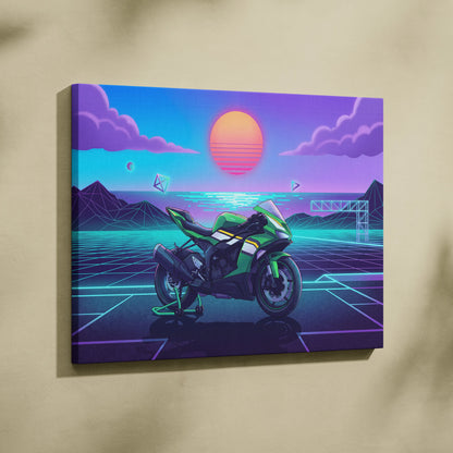 Kawasaki Ninja ZX-6R Inspired Green Purple Motorcycle Canvas Wall Art Vaporwave Neon Sunset Sportbike Artwork for Garage Decor Retro Futuristic Print