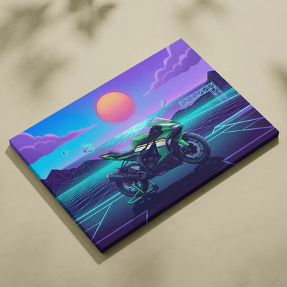 Kawasaki Ninja ZX-6R Inspired Green Purple Motorcycle Canvas Wall Art Vaporwave Neon Sunset Sportbike Artwork for Garage Decor Retro Futuristic Print