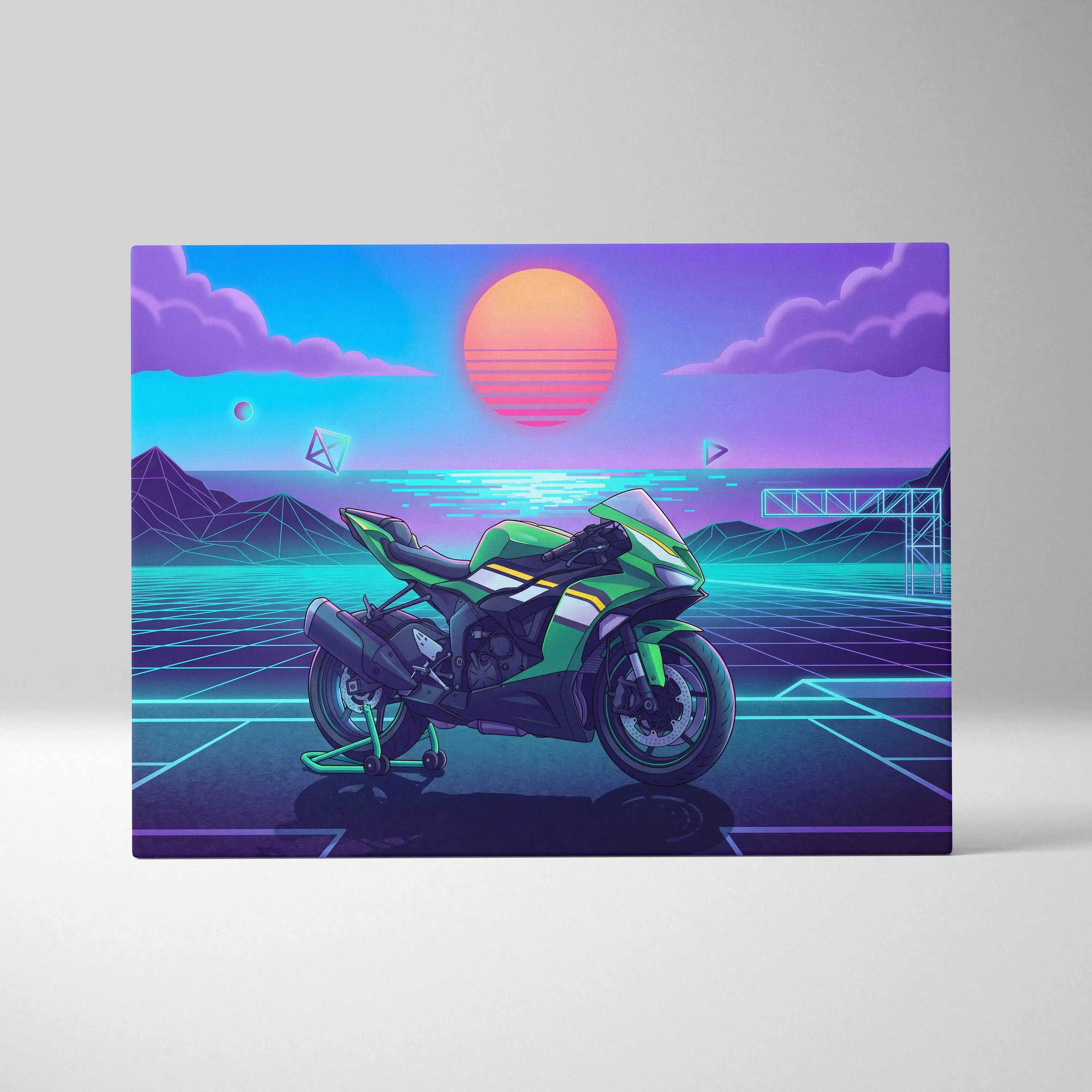 Kawasaki Ninja ZX-6R Inspired Green Purple Motorcycle Canvas Wall Art Vaporwave Neon Sunset Sportbike Artwork for Garage Decor Retro Futuristic Print